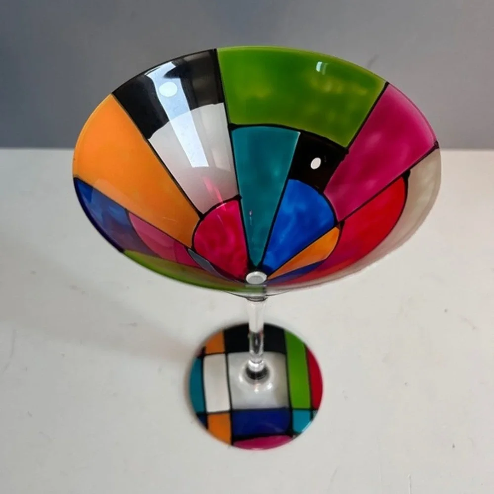 Martini Glasses Hand Painted Colorful Art Glass MCM Cocktail Barware Set Patio‎